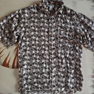 Pure Men's 100% Silk Brown Beige Tan Abstract Short Sleeve Button Front Shirt